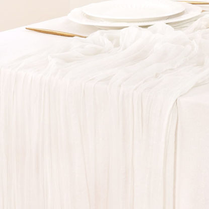 Picture of Socomi Fall Thanksgiving Table Runner Cheesecloth Table Runner 120 inch 10FT Boho Rustic Gauze Table Runner for Wedding Party Baby Shower Fall Decor Ivory White 15pcs