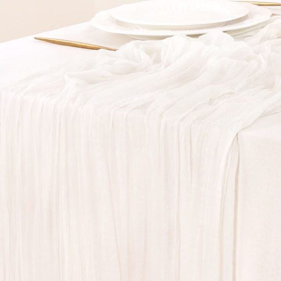 Picture of Socomi Fall Thanksgiving Table Runner Cheesecloth Table Runner 120 inch 10FT Boho Rustic Gauze Table Runner for Wedding Party Baby Shower Fall Decor Ivory White 15pcs