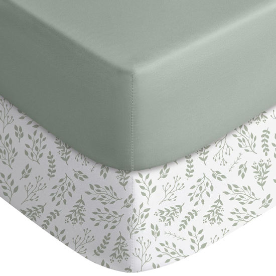 Picture of Yoofoss Pack and Play Sheets Fitted, Mini Crib Sheets 2-Pack for Pack N Play Mattress, Stretchy Playard Sheet, Soft and Breathable Green + Leaf