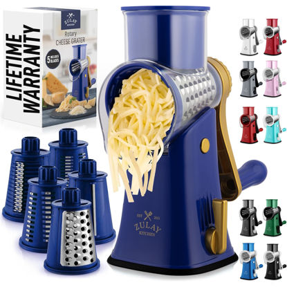 Picture of Zulay Rotary Cheese Grater 5 Blade Cheese Shredder - Manual Hand Crank Cheese Grater With Reinforced Suction & 5 Interchangeable Drums - Easy to Use Vegetable Chopper - Blue Gold
