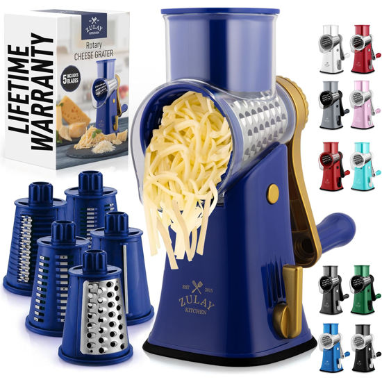 Picture of Zulay Rotary Cheese Grater 5 Blade Cheese Shredder - Manual Hand Crank Cheese Grater With Reinforced Suction & 5 Interchangeable Drums - Easy to Use Vegetable Chopper - Blue Gold