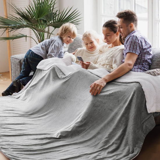 Picture of Bedsure Sherpa Fleece Cal King Blankets for Bed - Thick and Warm Oversized Blanket for Winter, Soft Fuzzy Plush Large Blanket for All Seasons, Light Grey, 112x98 Inches