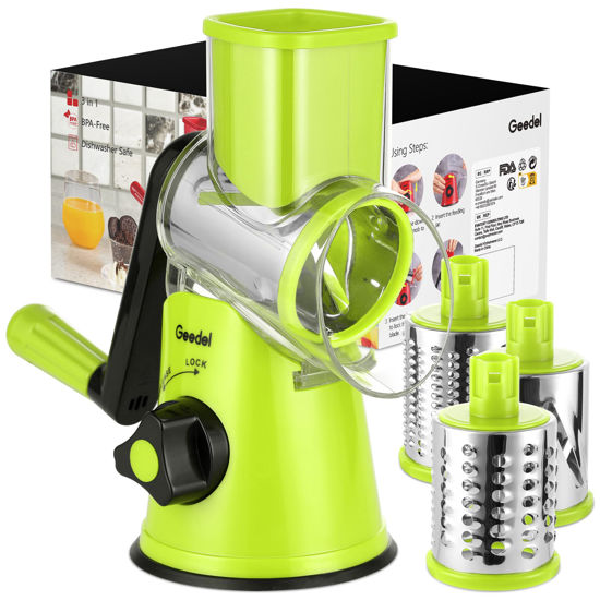 Picture of Geedel Rotary Cheese Grater, Kitchen Mandoline Vegetable Slicer with 3 Interchangeable Blades, Easy to Clean Rotary Grater Slicer for Fruit, Vegetables, Nuts