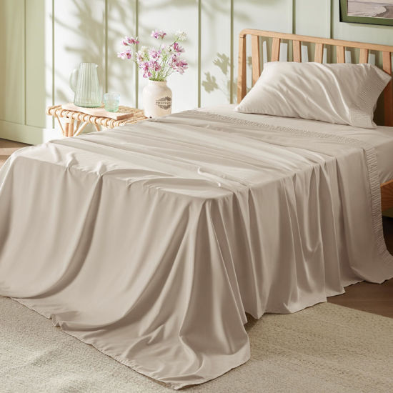Picture of Bedsure Twin Sheets Set - Soft Twin Bed Sheets, 3 Pieces Hotel Luxury Light Khaki Sheets Twin, Easy Care Polyester Microfiber Cooling Bed Sheet Set
