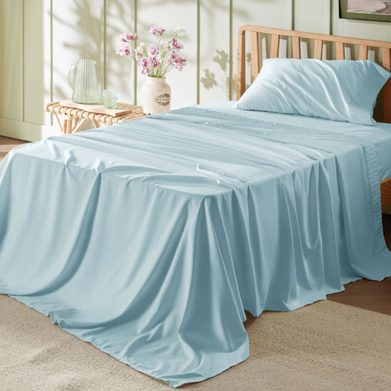 Picture of Bedsure Twin Sheets Set - Soft Twin Bed Sheets, 3 Pieces Hotel Luxury Spa Blue Sheets Twin, Easy Care Polyester Microfiber Cooling Bed Sheet Set