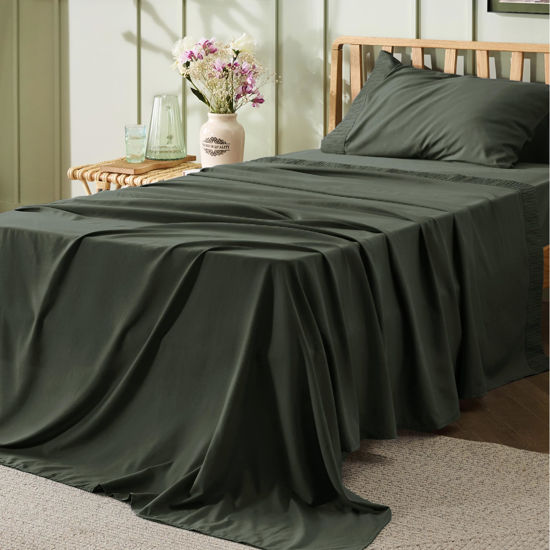 Picture of Bedsure Twin Sheets Set - Soft Twin Bed Sheets, 3 Pieces Hotel Luxury Olive Green Sheets Twin, Easy Care Polyester Microfiber Cooling Bed Sheet Set