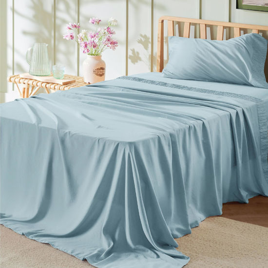 Picture of Bedsure Twin Sheets Set - Soft Twin Bed Sheets, 3 Pieces Hotel Luxury Sky Blue Sheets Twin, Easy Care Polyester Microfiber Cooling Bed Sheet Set