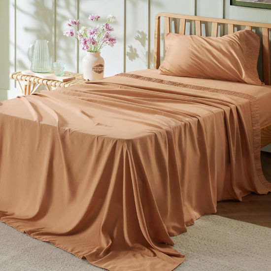 Picture of Bedsure Twin Sheets Set - Soft Twin Bed Sheets, 3 Pieces Hotel Luxury Burnt Orange Sheets Twin, Easy Care Polyester Microfiber Cooling Bed Sheet Set
