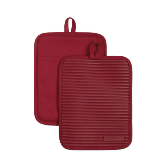 Picture of KitchenAid Ribbed Soft Silicone Water Resistant Pot Holder Set, Passion Red, 2 Piece Set