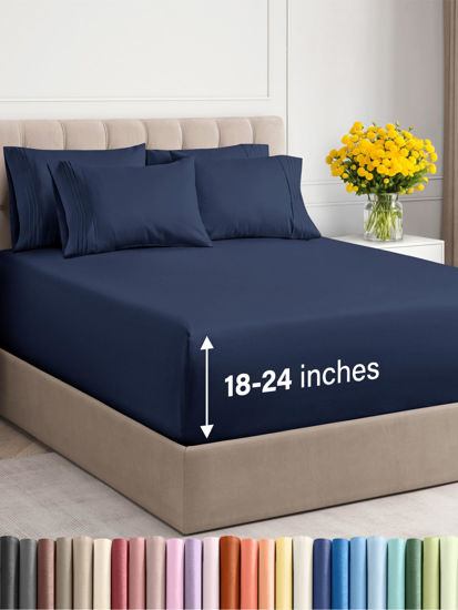 Picture of Extra Deep Cal King Sheet Set - 6 Piece Breathable & Cooling Sheets - Hotel Luxury Bedding Set w/18-24 Inch Extra Deep Pockets - Easy Fit - Super Soft, Wrinkle Free & Comfy - Navy Blue, Cal King Size