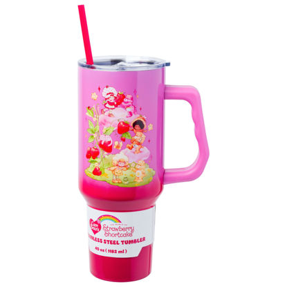 Picture of Silver Buffalo Care Bears and Strawberry Shortcake Collaboration Stainless Steel Tumbler with Handle and Straw, Fits in Standard Cup Holder, 40 Ounces