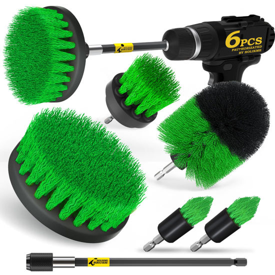 Picture of Holikme 6Pack Drill Brush Power Scrubber Cleaning Brush Extended Long Attachment Set All Purpose Drill Scrub Brushes Kit for Grout, Floor, Tub, Shower, Tile, Bathroom，Scrub Brush Green