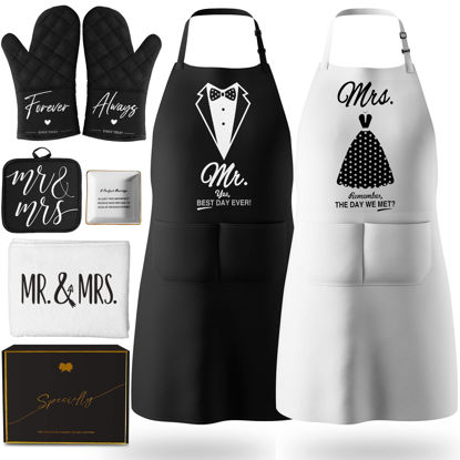 Picture of Mr and Mrs Aprons for Couples Gifts - Anniversary, Bridal Shower, Wedding, Engagement gifts for Couples, Christmas Gifts for Couple, His and Her Gifts, 8 Pack Kitchen Cooking Apron Gift Set