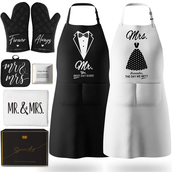 Picture of Mr and Mrs Aprons for Couples Gifts - Anniversary, Bridal Shower, Wedding, Engagement gifts for Couples, Christmas Gifts for Couple, His and Her Gifts, 8 Pack Kitchen Cooking Apron Gift Set