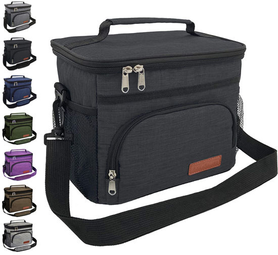 Picture of ExtraCharm Insulated Lunch Bag for Women/Men - Reusable Lunch Box for Office Picnic Hiking Beach - Leakproof Cooler Tote Bag Organizer with Adjustable Shoulder Strap for Adults - Black