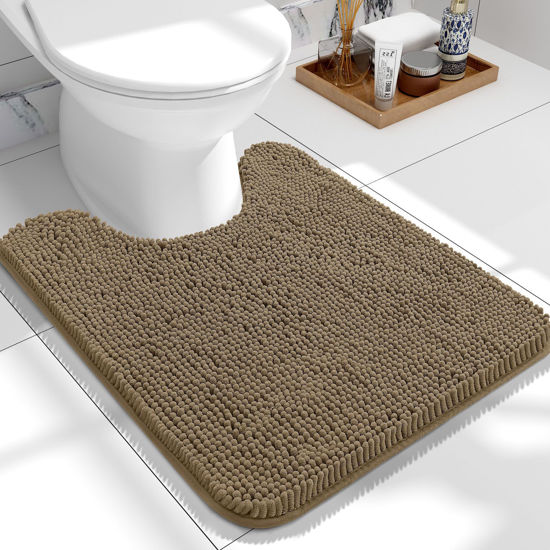 Picture of OLANLY Toilet Rugs U-Shaped 24x20, Extra Soft Absorbent Chenille Contour Bathroom Rugs for Toilet, Dry Quickly, Machine Washable, Non-Slip Toilet Bath Mat, Tan
