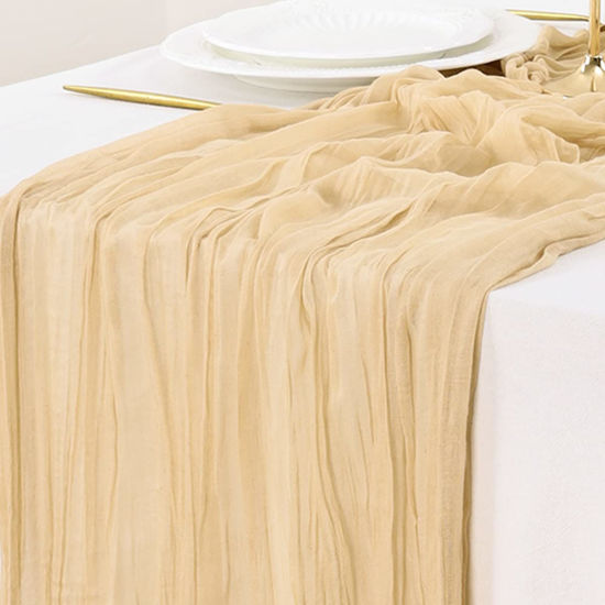 Picture of Socomi Cheesecloth Table Runner 10ft Gauze Boho Rustic Sand Cheese Cloth Table Runner for Wedding Bridal Shower Fall Thanksgiving Christmas Decoration 10pcs Sand
