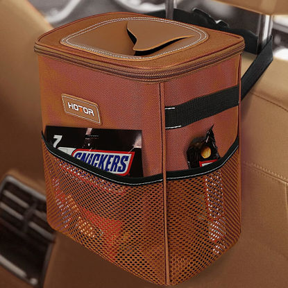 Picture of HOTOR Brown Car Trash Can with Adjustable Strap, Magnetic Snaps, Waterproof Lining, and Storage Pocket