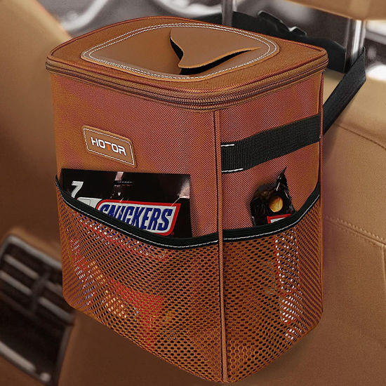 Picture of HOTOR Brown Car Trash Can with Adjustable Strap, Magnetic Snaps, Waterproof Lining, and Storage Pocket