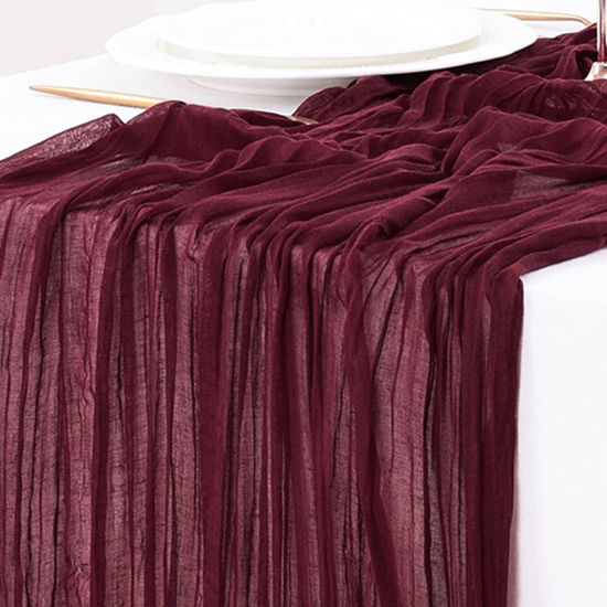 Picture of Socomi Fall Thanksgiving Table Runner Cheesecloth Table Runner 120 inch 10FT Boho Rustic Gauze Table Runner for Wedding Party Baby Shower Fall Decor Burgundy Red 6pcs