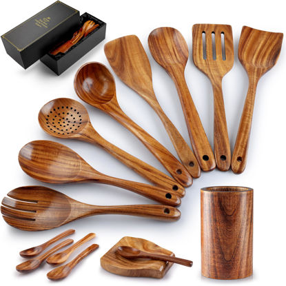 Picture of Zulay Kitchen 15-Piece Teak Wooden Utensils for Cooking - Natural Teak Utensil Set with Premium Gift Box - Non-Stick Wooden Spoons for Cooking - Kitchen Gift Set - Comfortable Grip Wooden Utensil Set