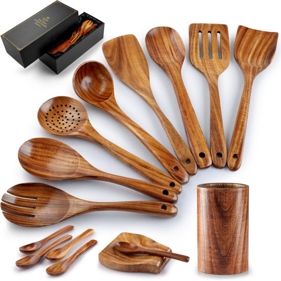 Picture of Zulay Kitchen 15-Piece Teak Wooden Utensils for Cooking - Natural Teak Utensil Set with Premium Gift Box - Non-Stick Wooden Spoons for Cooking - Kitchen Gift Set - Comfortable Grip Wooden Utensil Set