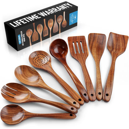 Picture of Zulay Kitchen Premium 8-Piece Wooden Spoons for Cooking - Smooth Finish Teak Wooden Utensils for Cooking, Smooth Finish Natural Teak Wood, Non-Stick Wooden Cooking Utensils - Handmade Wooden Utensils