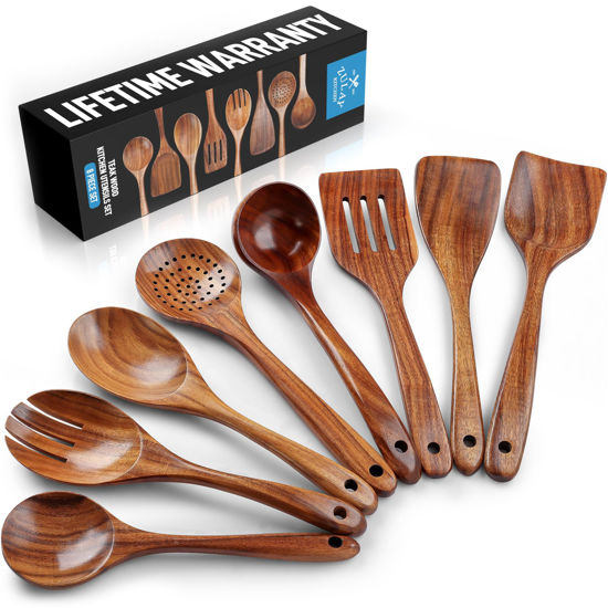 Picture of Zulay Kitchen Premium 8-Piece Wooden Spoons for Cooking - Smooth Finish Teak Wooden Utensils for Cooking, Smooth Finish Natural Teak Wood, Non-Stick Wooden Cooking Utensils - Handmade Wooden Utensils