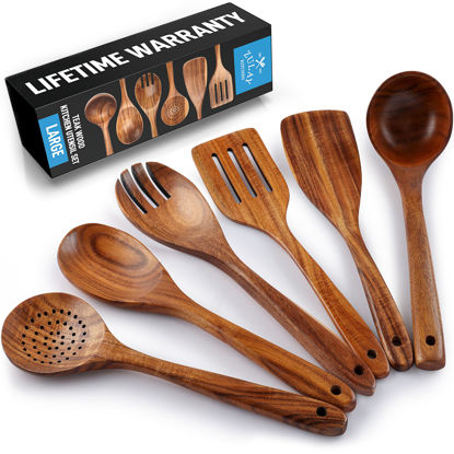 Picture of Zulay Kitchen Extra-Large 6-Piece Wooden Spoon Set for Cooking - Smooth Teak Wooden Utensils - Comfort-Grip Non-Stick Wooden Cooking Spoons - Large Wooden Turner, Spatula, Skimmer, Fork, Serving Spoon