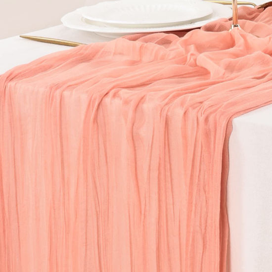 Picture of Socomi Fall Thanksgiving Table Runner Cheesecloth Table Runner 120 inch 10FT Boho Rustic Gauze Table Runner for Wedding Party Baby Shower Fall Decor Coral 6pcs