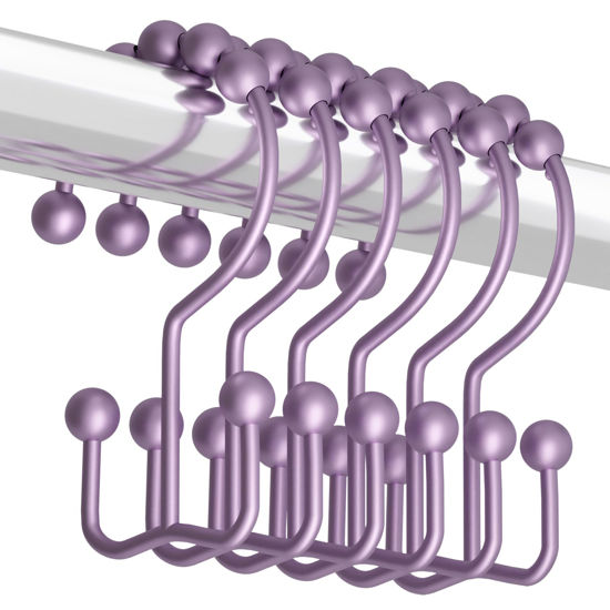 Picture of Titanker Shower Curtain Hooks Rings, Rust-Resistant Metal Double Glide Shower Hooks for Bathroom Shower Rods Curtains, Set of 12 Hooks - Purplish-Gray