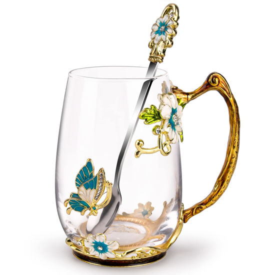 Picture of OEAGO Birthday Gifts for Women Mom Glass Coffee Enamels Mug Best Mothers Day Butterfly Gifts for Her from Daughter Son Lead-Free Christmas Tea Cup with Spoon Sets