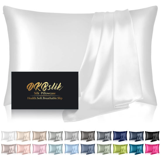 Picture of Silk Pillowcase for Hair and Skin, Mulberry Silk Pillow Cases Standard Size, Anti Acne Cooling Sleep Both Sides Natural Silk Satin Pillow Case Covers with Hidden Zipper, Gifts for Women Men, White