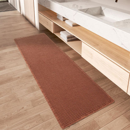 Picture of Upgraded Waffle Runner Rug Super Absorbent Non Slip Bath Mats for Bathroom Machine Washable Bathroom Runner Rug with Tassels, Ideal for Hallway Bedroom Laundry Room, Dirty Orange, 2'x 4'(24" x 48")