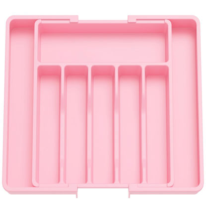 Picture of Lifewit Silverware Drawer Organizer, Expandable Utensil Tray for Kitchen, BPA Free Flatware and Cutlery Holder, Adjustable Plastic Storage for Spoons Forks Knives, Large, Pink
