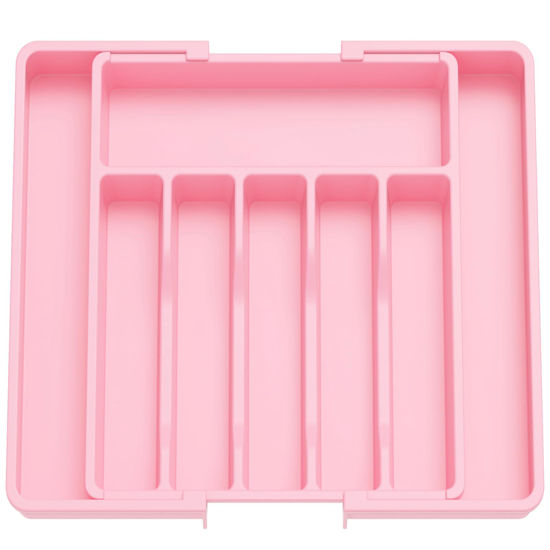 Picture of Lifewit Silverware Drawer Organizer, Expandable Utensil Tray for Kitchen, BPA Free Flatware and Cutlery Holder, Adjustable Plastic Storage for Spoons Forks Knives, Large, Pink