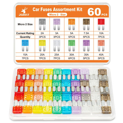 Picture of JOREST 60Pcs Micro Assorement Fuses Kit -Micro2 Fuse kit, Micro 2 Automotive Replacement Fuses for Car RV Truck Motorcycle(2Amp 3A 5A 7.5A 10A 15A 20A 25A 30A 35A 40A)