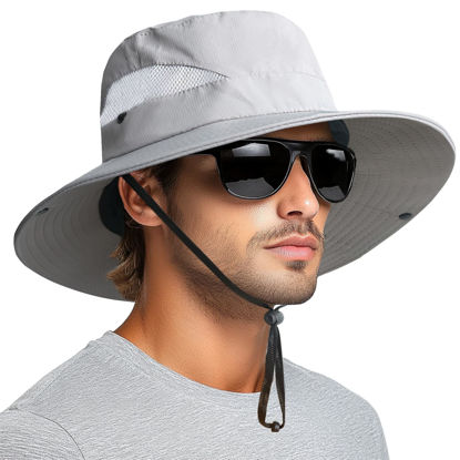 Picture of PFFY Sun Bucket Hat for Men Women 3” Wide Brim UPF 50+ Fishing & Beach Hats Grey