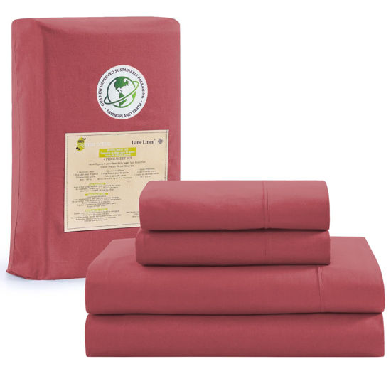 Picture of LANE LINEN Bedsheets King Size Bed - 4Pc 100% Organic Cotton King Bed Sheet Set, Soft Cooling Sheets King Size, Hotel Luxury Bed Sheets, 15" King Size Fitted Sheet, Oeko Tex Sheets - Mineral Red