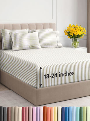 Picture of Extra Deep Queen Sheet Set - 6 Piece Breathable & Cooling Sheets - Hotel Luxury Bedding Set w/18-24 Inch Extra Deep Pockets - Easy Fit - Super Soft, Wrinkle Free & Comfy - Beige Stripes, Queen Size