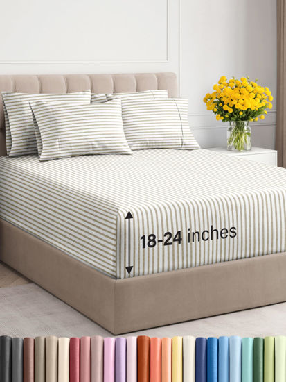 Picture of Extra Deep Queen Sheet Set - 6 Piece Breathable & Cooling Sheets - Hotel Luxury Bedding Set w/18-24 Inch Extra Deep Pockets - Easy Fit - Super Soft, Wrinkle Free & Comfy - Beige Stripes, Queen Size
