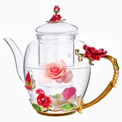 Picture of Enamel Glass Flower Tea Pot With Removable Loose Tea Leaf Infuser Tea Maker Teapot Set 30.4OZ Gifts for Women,Mom,Birthday