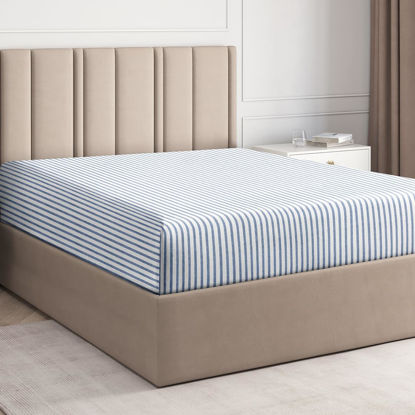 Picture of Queen Fitted Bed Sheet - Hotel Luxury & Cooling Single Fitted Sheet Only - Easily Fits Mattress Up to 16 Inches Perfectly - Soft, Wrinkle Free, Breathable & Comfy Blue Stripes Single Fitted Bed Sheet