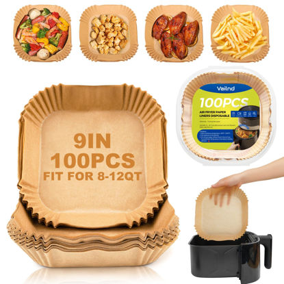 Picture of Vailnd Air Fryer Liners Disposable, 100Pcs 9 Inch Max Xl Large Cooker Airfryer Paper Liners, Oil Proof Parchment Sheets Square Basket Baking Liner for 8/10/11/12 QT Air Fryer Microwave