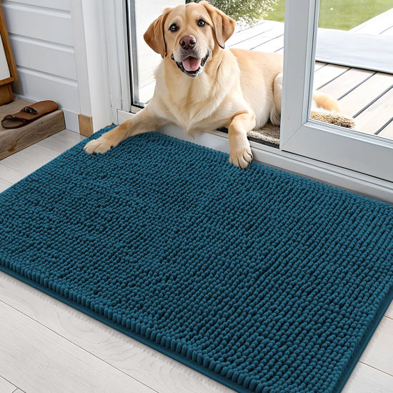 Picture of OLANLY Dog Door Mat for Muddy Paws 36x24, Absorbs Moisture and Dirt, Absorbent Non-Slip Washable Doormat, Quick Dry Chenille Mud Mat, Entry Indoor Entryway Carpet for Inside Floor, Atlantic Blue