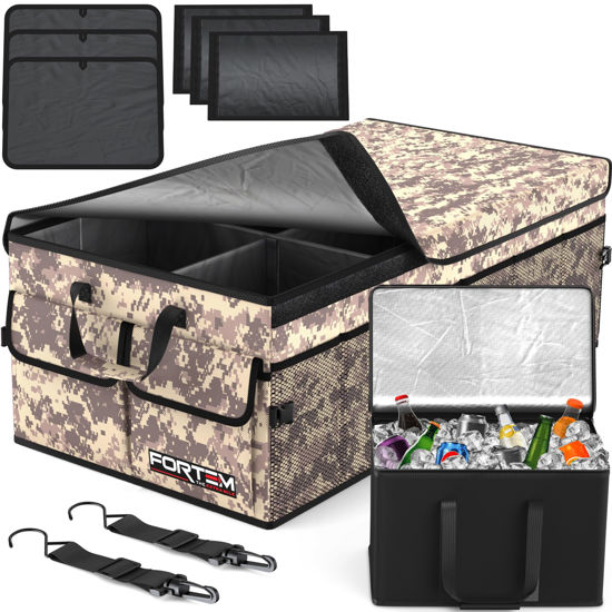 Picture of FORTEM Car Trunk Organizer with Cooler, Car Storage Organizer, Collapsible Multi Compartment Car Organizer, SUV Trunk Organizer, Non Slip Bottom, Adjustable Straps, Foldable Cover (Desert, X-Large)