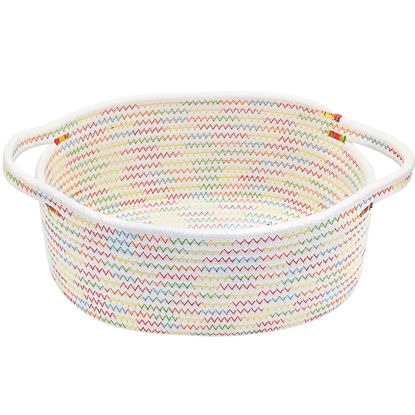 Picture of ABenkle Small Woven Basket, 12"x 8" x 5" Cute Small Basket, Rope Room Shelf Storage Basket, Cat Dog Toys Basket Chest Box, Empty Decorative Gift Basket with Handles - Colorful Thread