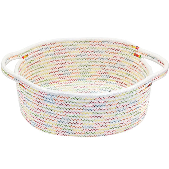 Picture of ABenkle Small Woven Basket, 12"x 8" x 5" Cute Small Basket, Rope Room Shelf Storage Basket, Cat Dog Toys Basket Chest Box, Empty Decorative Gift Basket with Handles - Colorful Thread