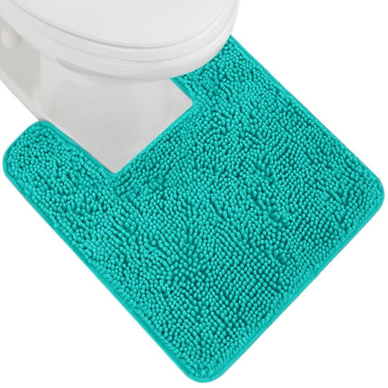 Picture of Gorilla Grip Plush Absorbent Shaggy Chenille Bath Rug Mat for Toilet Base with Rubber Backing, Machine Washable, Microfiber Bathroom Contour Mats for Toilets, Bath Decor, Square, 22.5x19.5, Turquoise