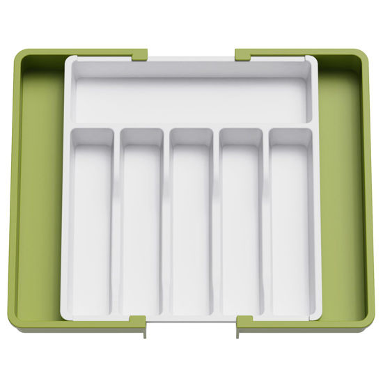 Picture of Lifewit Silverware Drawer Organizer, Expandable Utensil Tray for Kitchen, BPA Free Flatware and Cutlery Holder, Adjustable Plastic Storage for Spoons Forks Knives, Large, Green&White